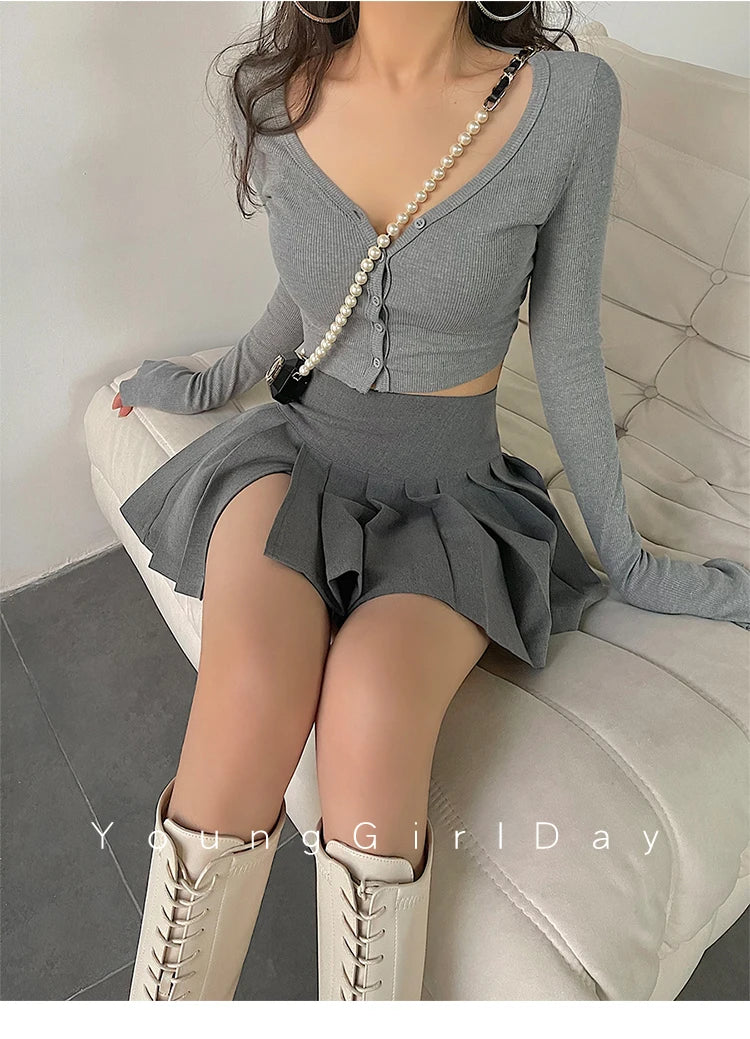 HOUZHOU Sexy Pleated Mini Skirt Women Fashion 2024 Grey Side Split High Waist A-line Slim Short Skirts Korean Y2K Skort Preppy