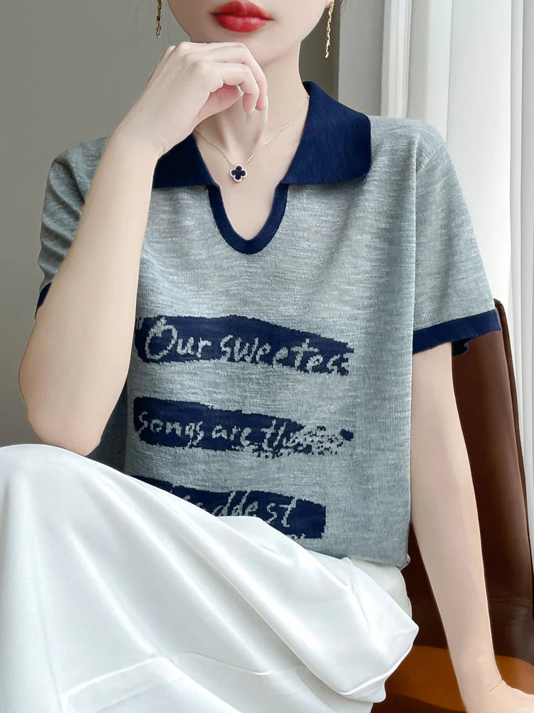 2025 New Large Size Summer Short Sleeve Scissor Collar T-Shirt Women High Grade T-Shirt Fashion Comfortable Leisure T-Shirt Tops