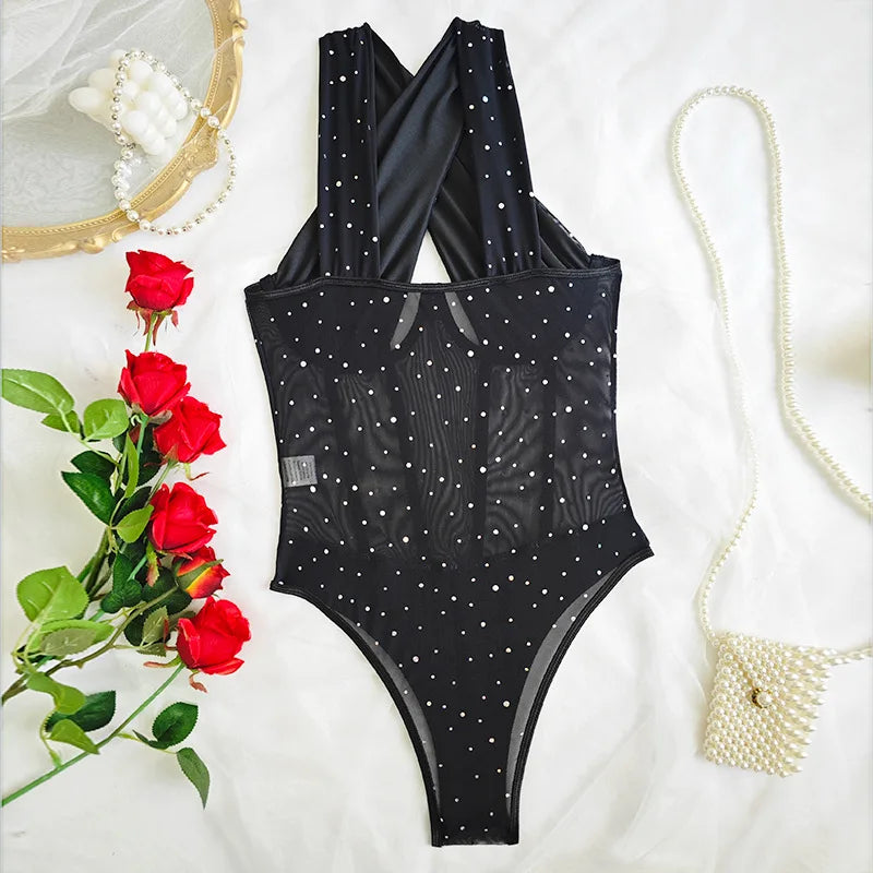 Sexy Black Cut Out Cross Wide Strap Bodysuit Women Lace Patchwork Body Suit Tops