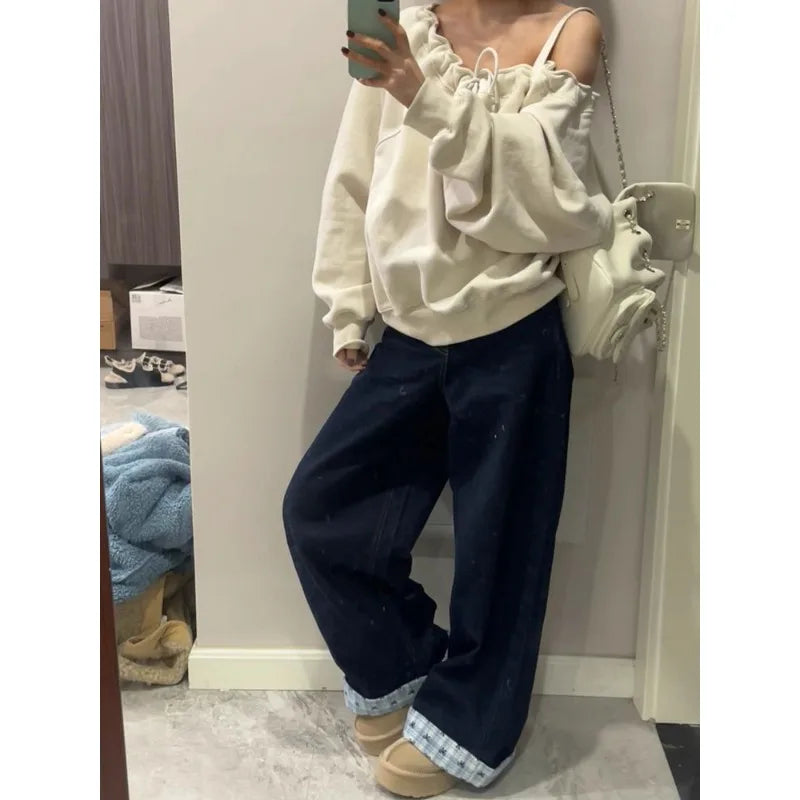 High Waist Turn-Up Wide Leg Straight Denim Pants Women Summer Japanese High Street Bow Knot Plaid Design Casual Patchwork Jeans