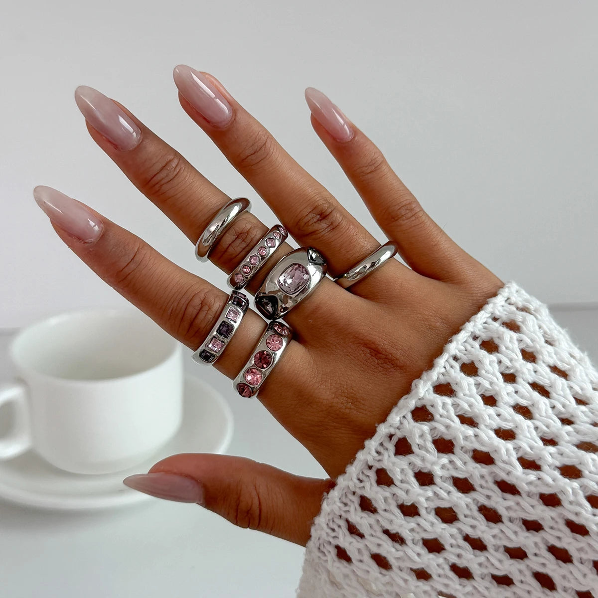 Salircon 6Pcs/set Inlaid Purple zircon Adjustable Opening Ring Set Women Smooth Gold Color Ring for Female Daily Jewelry Gift