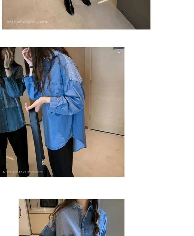 Womens' Splicing Striped Shirt Fashion Spring Autumn Versatile Thin Outerwears Korean Fashion Loose Blue Denim Jackets