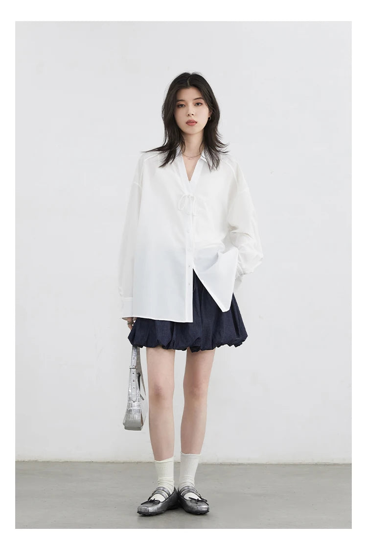 CHIC VEN Women Shirt Loose Casual Solid New Lapel Tie Design Sun Protection Blouses Long Sleeved Female Coat Summer 2025