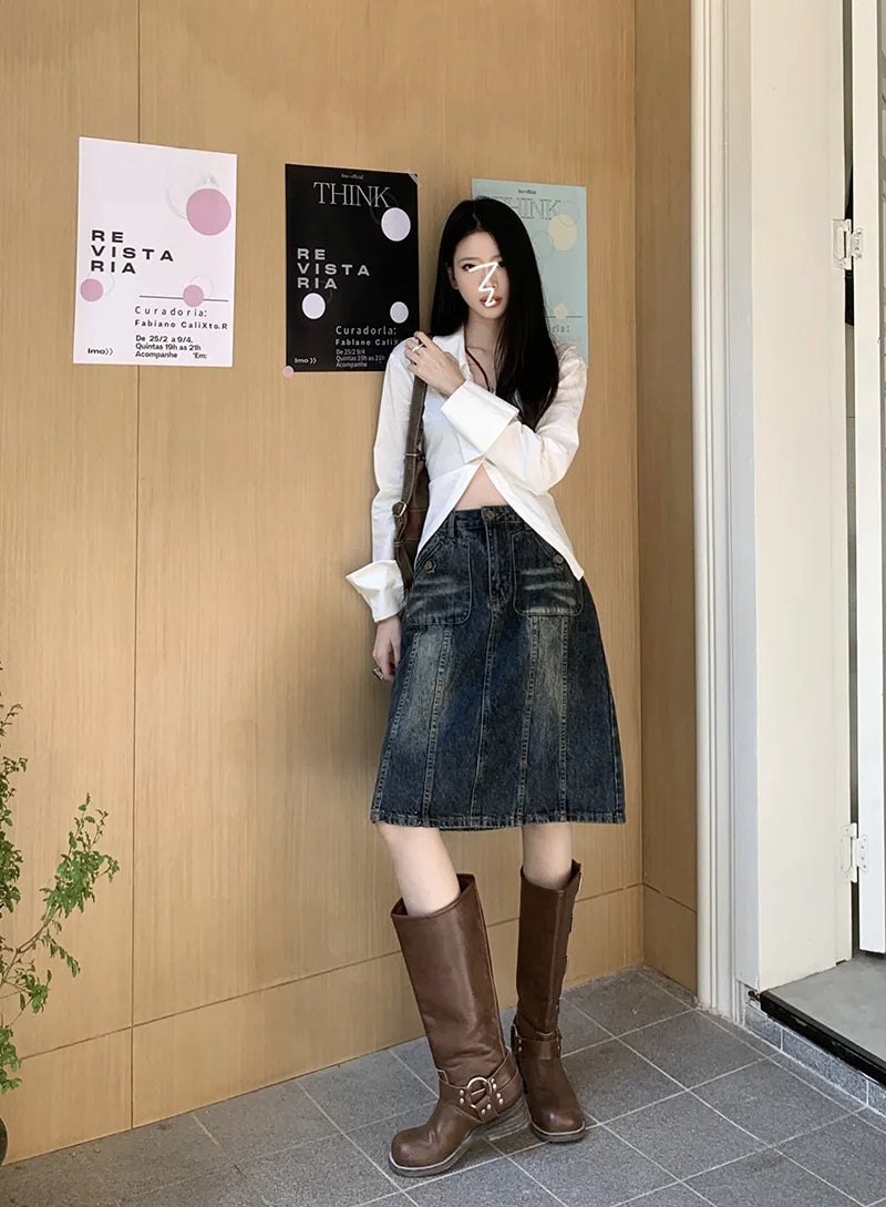 American Retro Distred Denim  Skirt Women plus Size Loose Slimming A-Line Midi Skirt Spring Summer New Sle