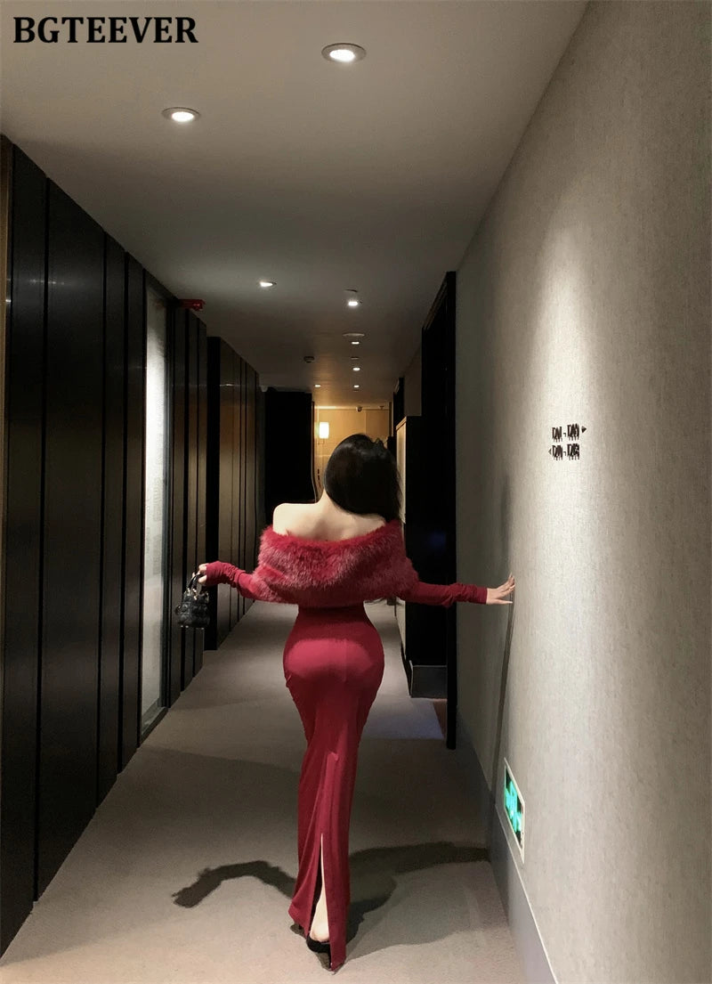 BGTEEVER Autumn Winter Fashion Slash Neck Ladies Skinny Package Hip Sweater Dress Elegant Long Sleeve Female Slim Knitted Dress