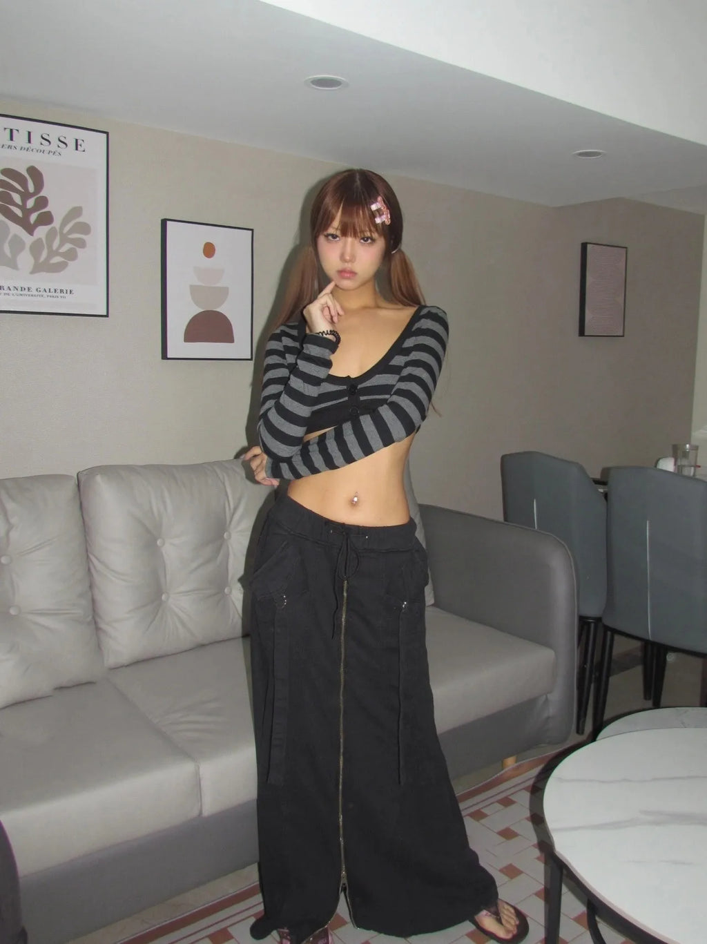 Karrram Trashy Y2k Crop Top Japanese 2000s Style Striped Long Sleeved T-shirt Vintage Harajuku High Street Tops American Retro