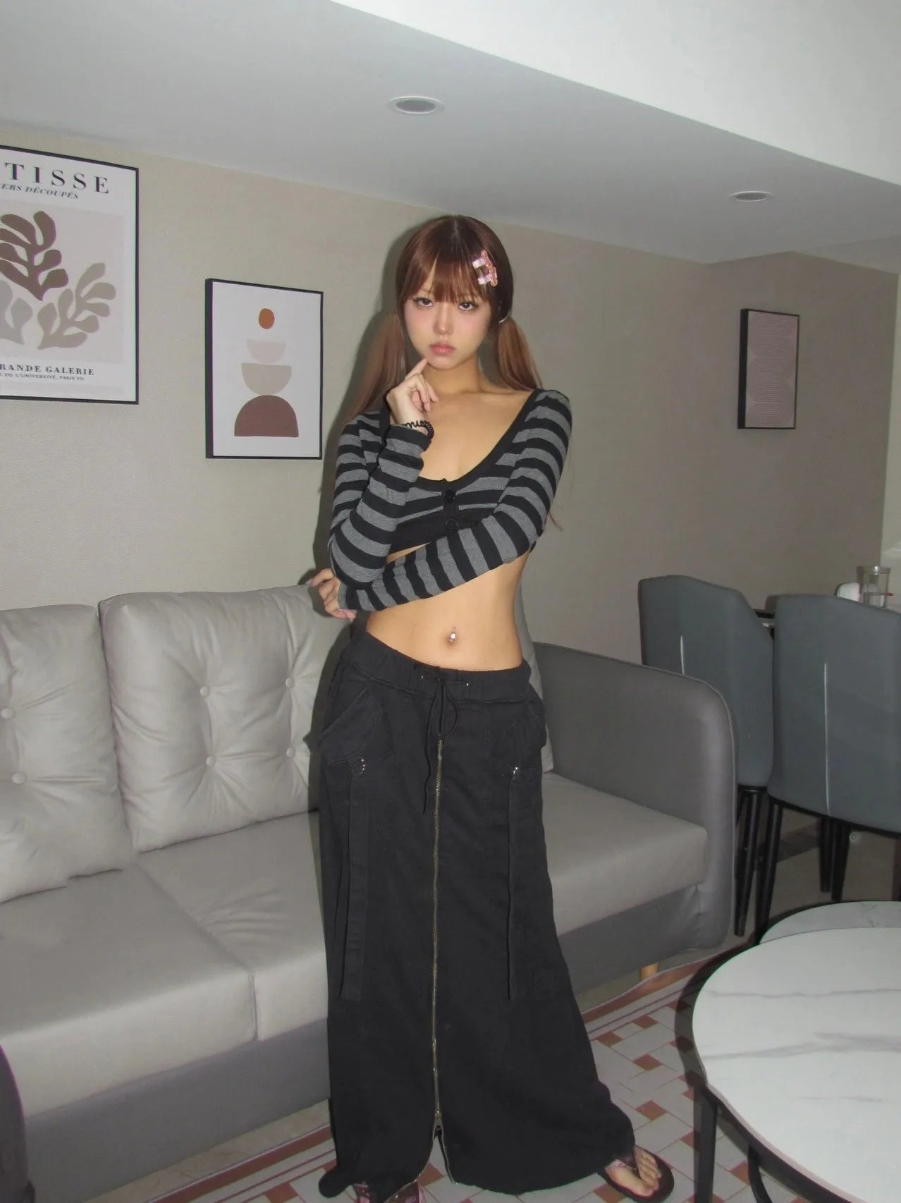 Karrram Trashy Y2k Crop Top Japanese 2000s Style Striped Long Sleeved T-shirt Vintage Harajuku High Street Tops American Retro