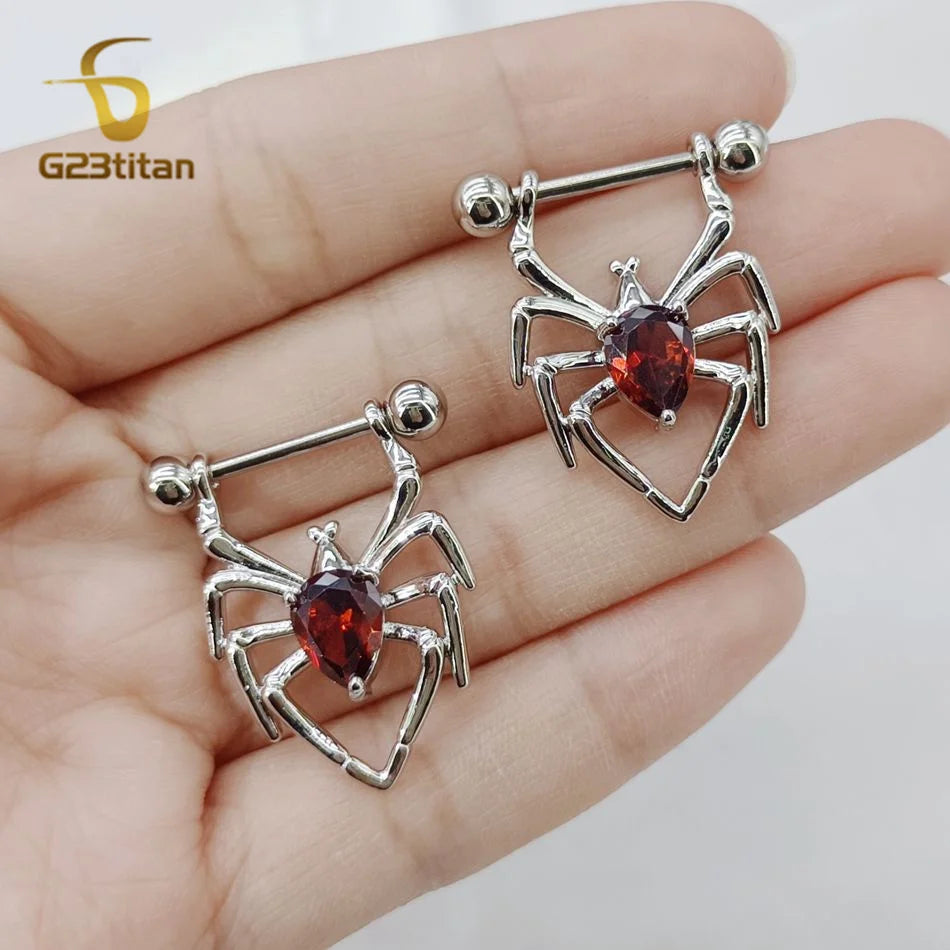 14G 16mm Length Straight Shield Barbell 2pcs Spider Red Crystal Zircons Nipple Rings Body Piercings Ombligo Sexy Breast Jewelry