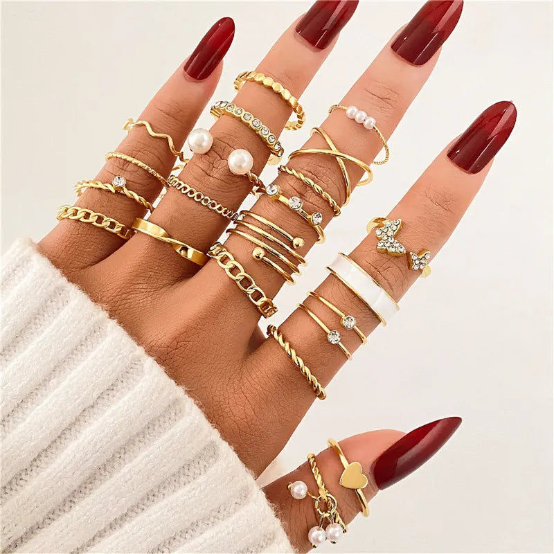 Vintage Shiny Zircon Butterfly Heart Ring Set Gold Color Boho Elegant Eyes Moon Geometric Rings Women Party Jewelry