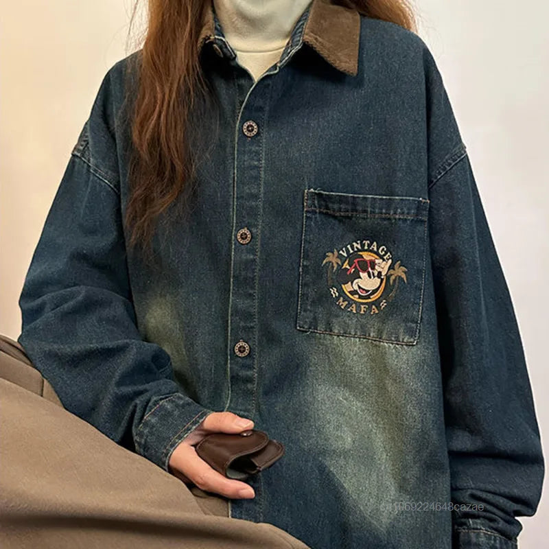Disney Mickey Mouse American Vintage Print Denim Shirt Fashion Long Sleeve Women's Thin Jacket Spring New Trend Versatile Jacket