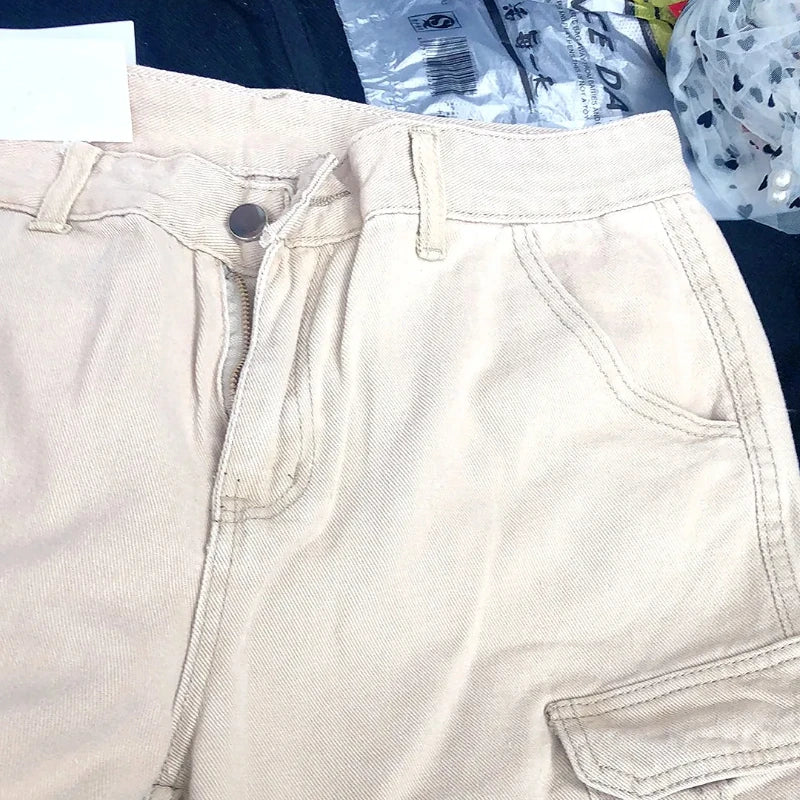 Cargo Knee-length Jeans Women Vintage Washed Streetwear Chic Unisex Fashion Summer Pockets BF Casual Baggy All-match Schoolgirls