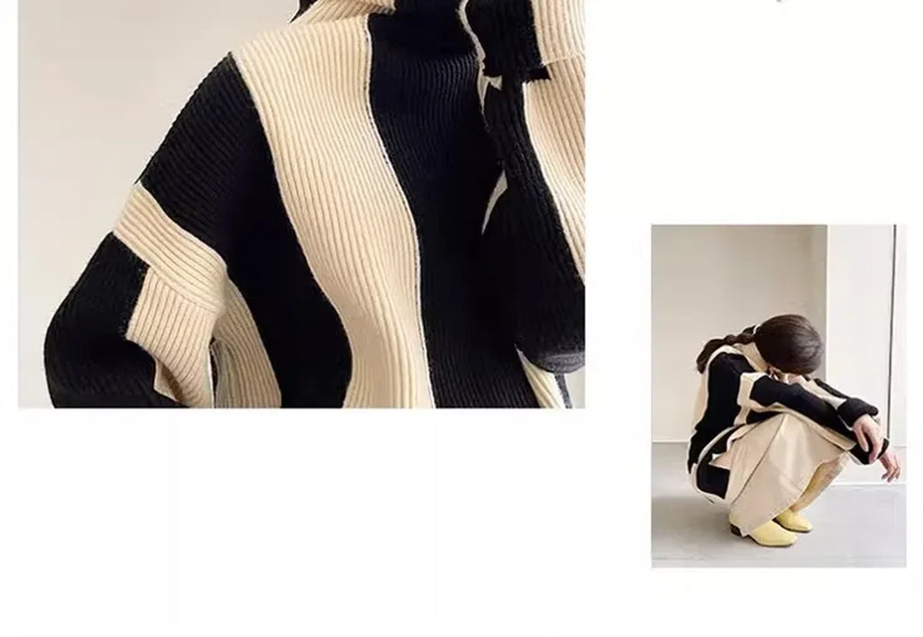 High-crowned Lazy Style Black White Stripe Wool Coat Women Autumn Winter Outdoor Warm Soft Cover Knitted Top Thick