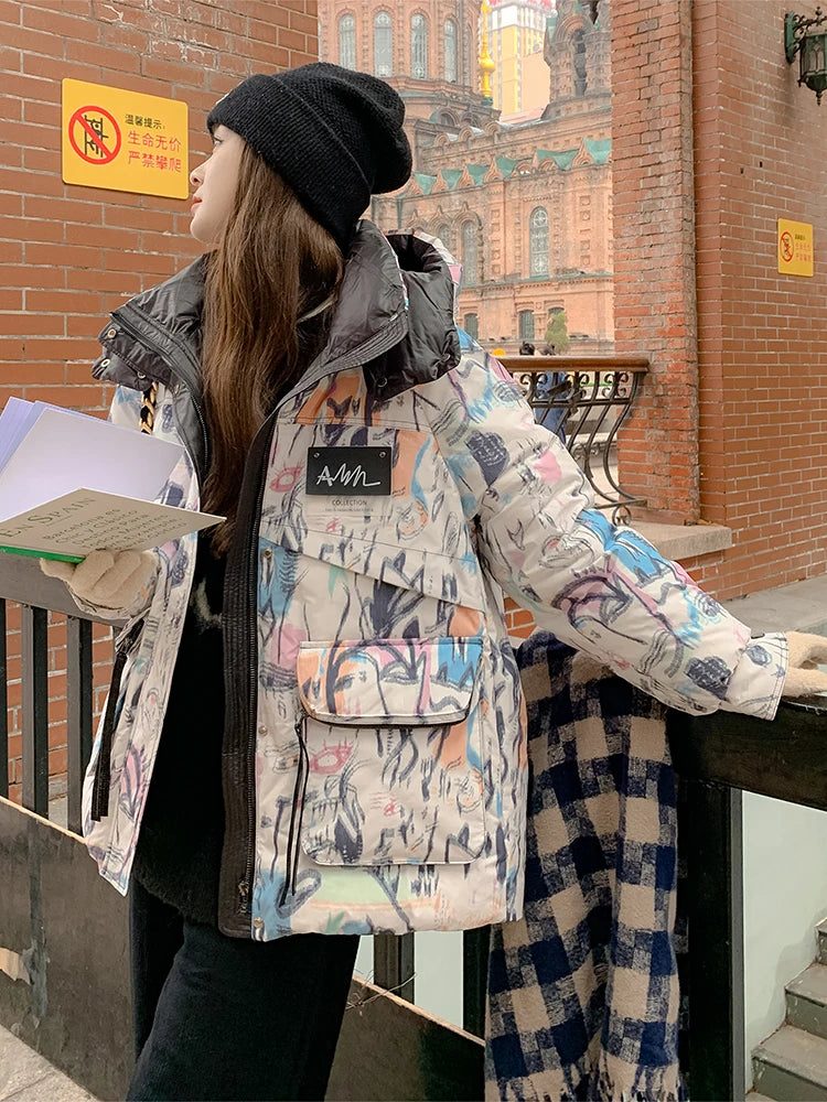 Down Jacket Fashion Short Women's Autumn and Winter Thickened Warm Windproof Warm Loose Hooded Straight Cartoon Anime Print 1Pc