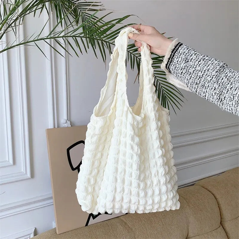 Summer Pleated Bubble Cloud Women Shoulder Bag Vintage Candy Color Large Capacity Shopping Tote Bag