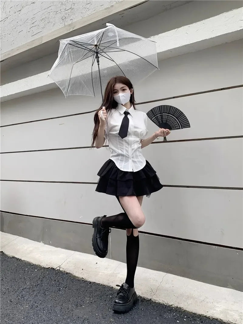 Mini Dress Black Cake Tummy Control Preppy Style A- line Skirt High Waist Summer Heat Wave Women's Petite Chic Fashion