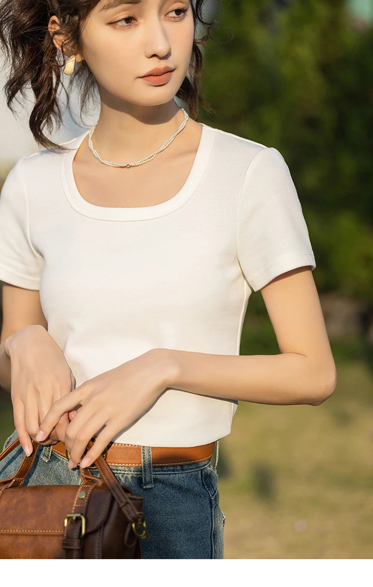 MISHOW Short Sleeve T-shirts Women Spring Solid Square-neck Top Elegant Woman Clothes Office Lady Cotton Tees MXC12T0641