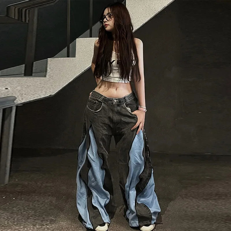 Women's Hip Hop Two-tone Patchwork Low Rise Zipper Denim Pants Baggy Wide Leg Dragging Designer Trousers High Street Jeans Pants