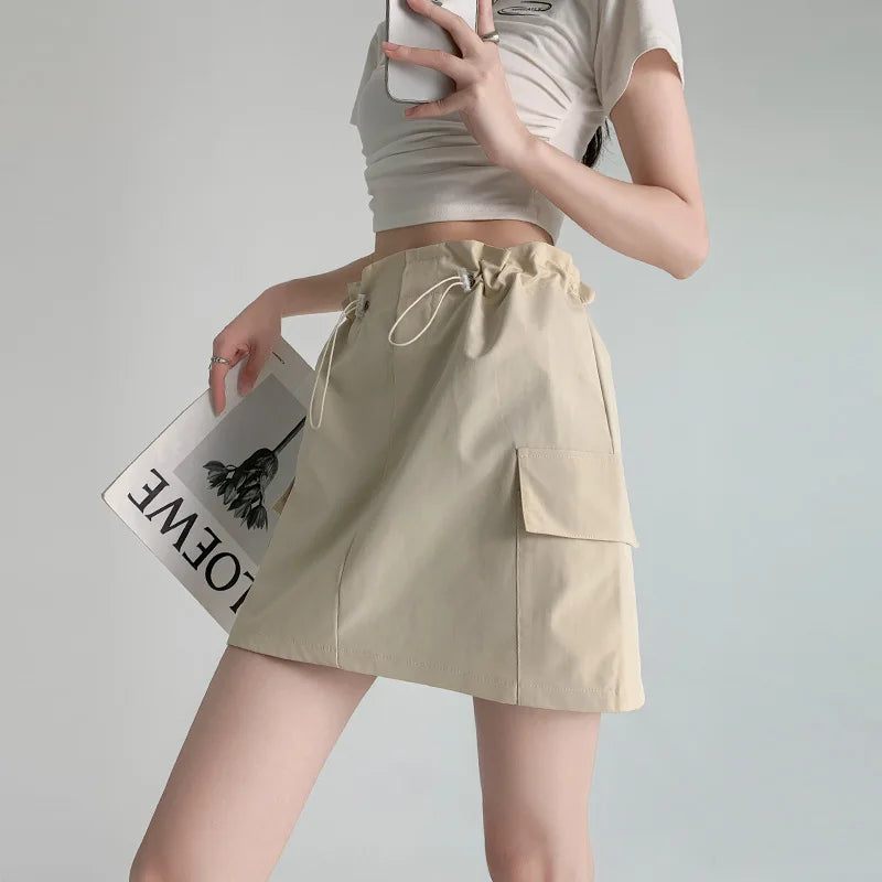 Designer drawstring cargo skirt woman A-line dress with pocket zipper fly korean reviews many girls clothes skirt shorts