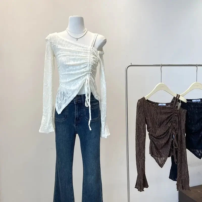 Elegant Shoulder Bared Bell Sleeve One Shoulder Women's Short Top Korean Style Gentle T Shirt for Autumn Fashion Ladies' Wear