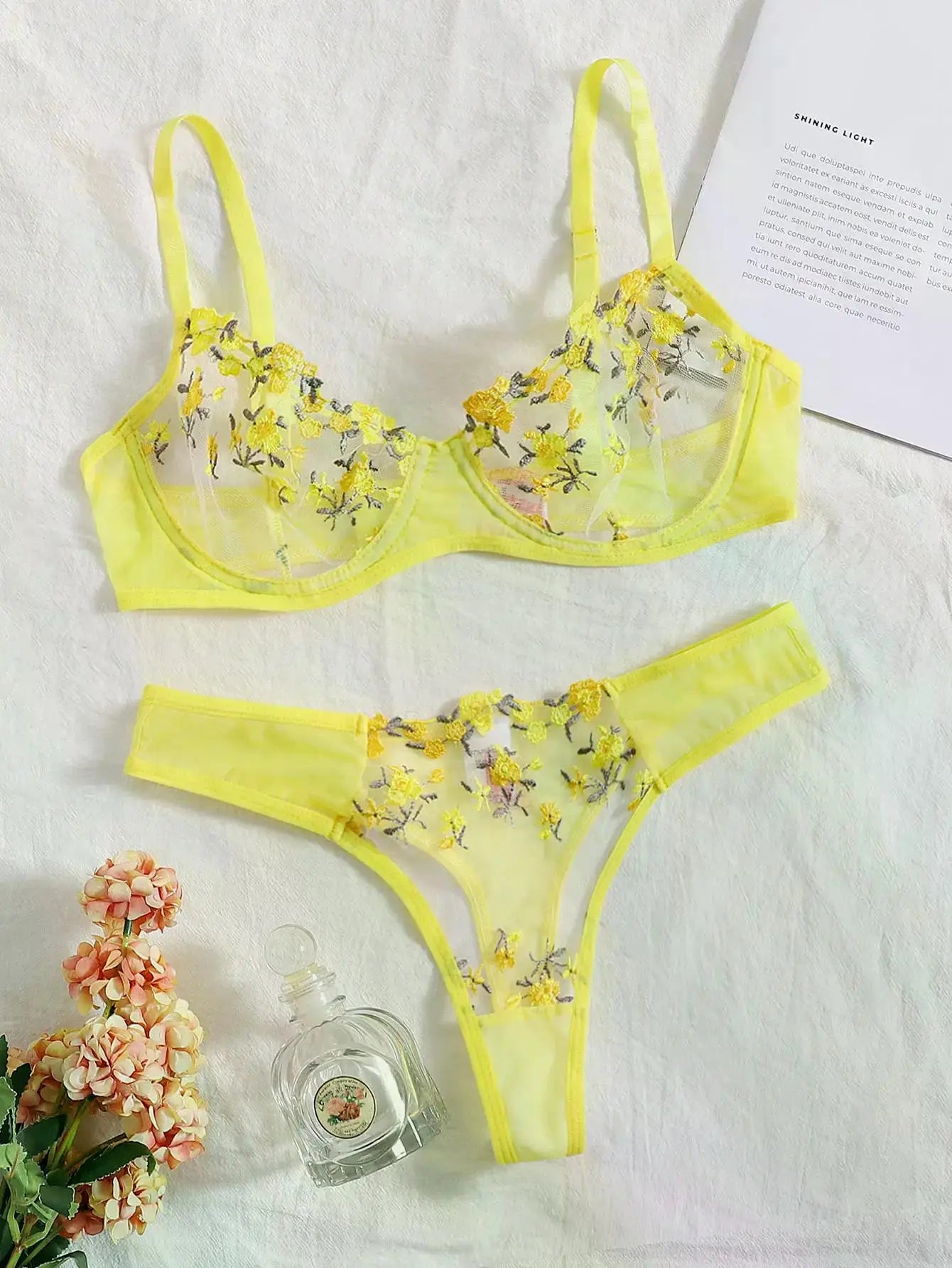 Transperant Lingerie Set Women Mesh Net Sexi Lenceria Sensual Mujer Bra Sets Embroidery Floral Underwired