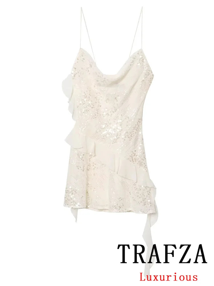 TRAFZA Sexy Chic Women Dress Solid Cami Backless Sequined Tierred Mini Short Dress New Fashion 2025 Summer Club Party Dress