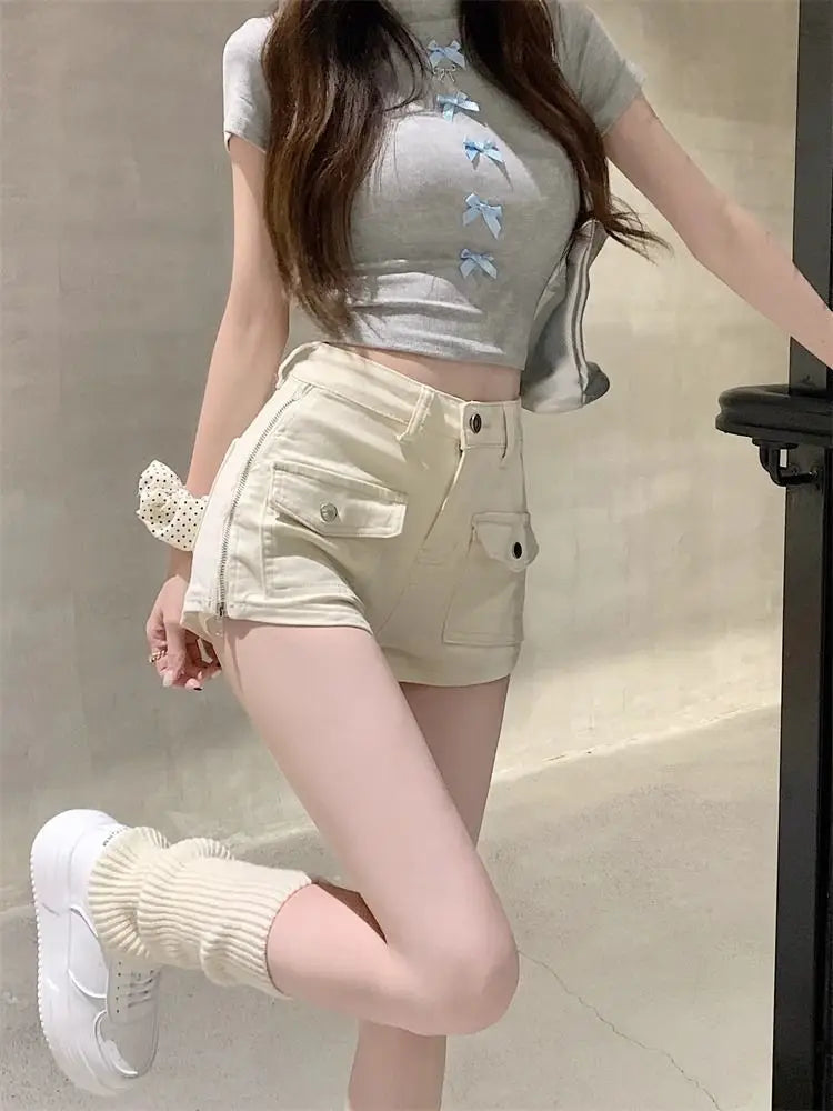 Sexy Hottie Slim Denim Shorts Women Summer Simplicity Office Lady Solid Color Cargo Fashion High Waist Appear Thin Wide Leg
