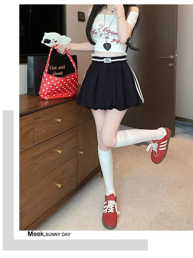 American Style Spliced Lace Stripe High Waist Half Skirt Women Summer Anti Exposure Flower Bud Puffy Short Skirt Polyester Fiber