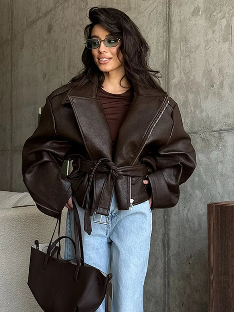 With Belt Leather Jacket Coat Lace Up Waist Cinched Suit Collar Slimming Zipper Biker Jackets Outwear Women Overcoat Streetwear