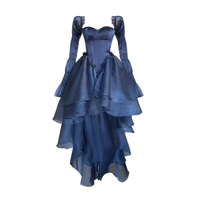 REDDACHiC Royal Blue Beaded Trailing Mini Dress Stain Jacquard Corset Laced Puff Sleeves Princess Dress Women Wedding Party Gown