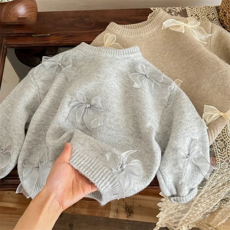 1-10Y Korean Children Clothing Autumn New Girl Baby Toddler Solid Bow Sweaters Winter Fashion Sweet Kid Princess Knitted Sweater