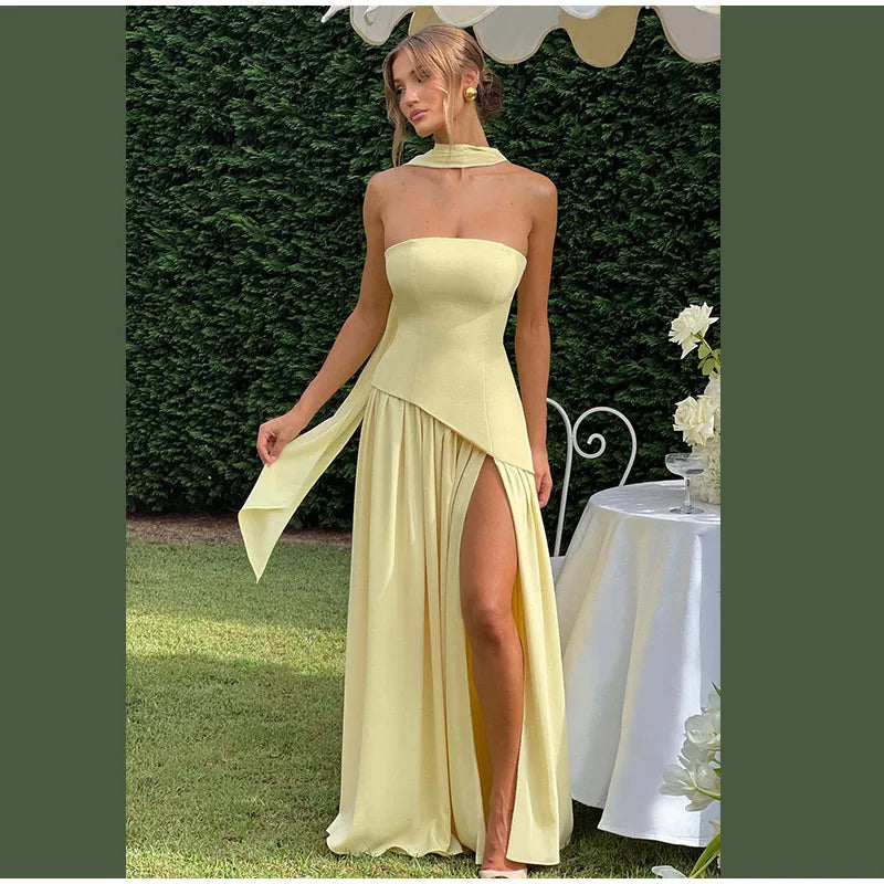 Butter Yellow Scarf Neck Split Long Dress Women Elegant Strapless Slim Fit High Waist Vestidos 2025 Lady Evening Party Gowns New