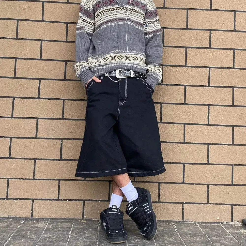 HOUZHOU Y2k Vintage Baggy Jeans Shorts Woman Streetwear Jorts Korean Harajuku Gothic Oversized Denim Pants Embroidery Summer