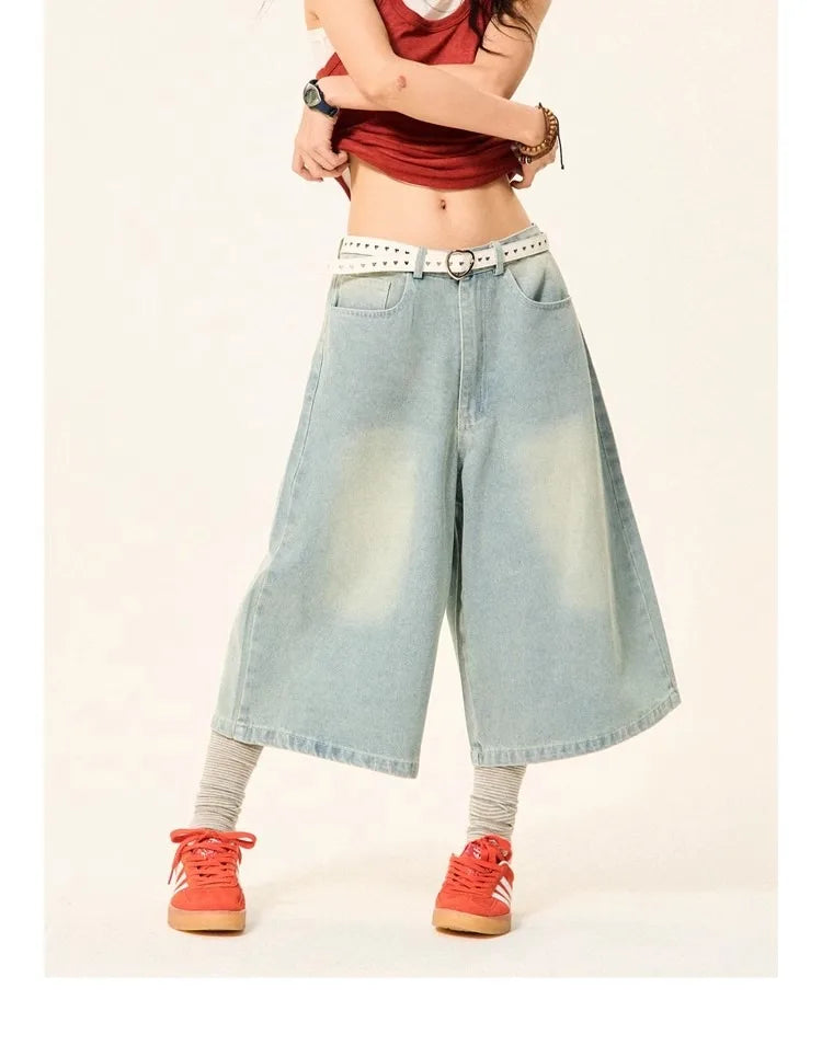 Summer High Street Letter Printing Washing Denim Shorts Men and Women American Retro Casual Loose Straight Cropped Pants Trendy