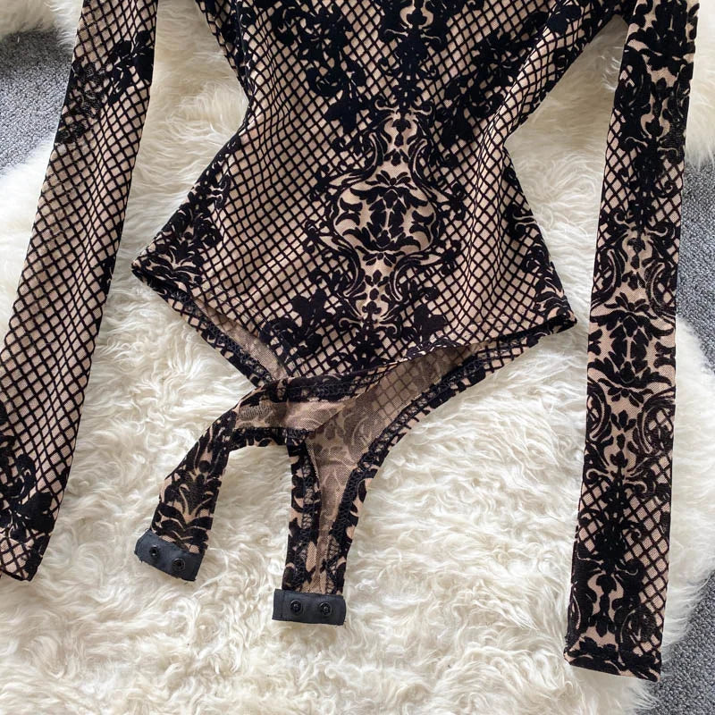 Autumn New Floral Print Bodysuit for Women Fashion Streetwear Elegant Stand Collar Long Sleeve Tight Fit Mesh Body Top Chic 2024