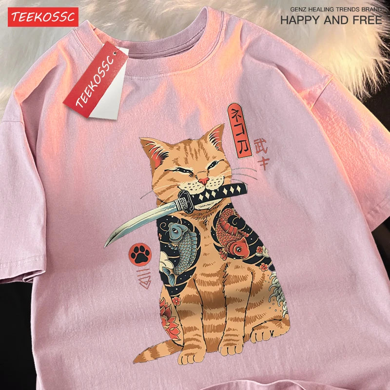 Japanese Harajuku Samurai Sword Cat T-Shirt Men Women Casual Tee Clothes Cotton Summer Tops Breathable Oversized T-Shirts Couple
