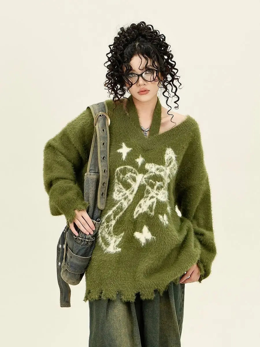 Winter American New Green Bow Neck Sweater Women Loose Print Pattern Vintage High Street Lazy Wind Knitted Sweater
