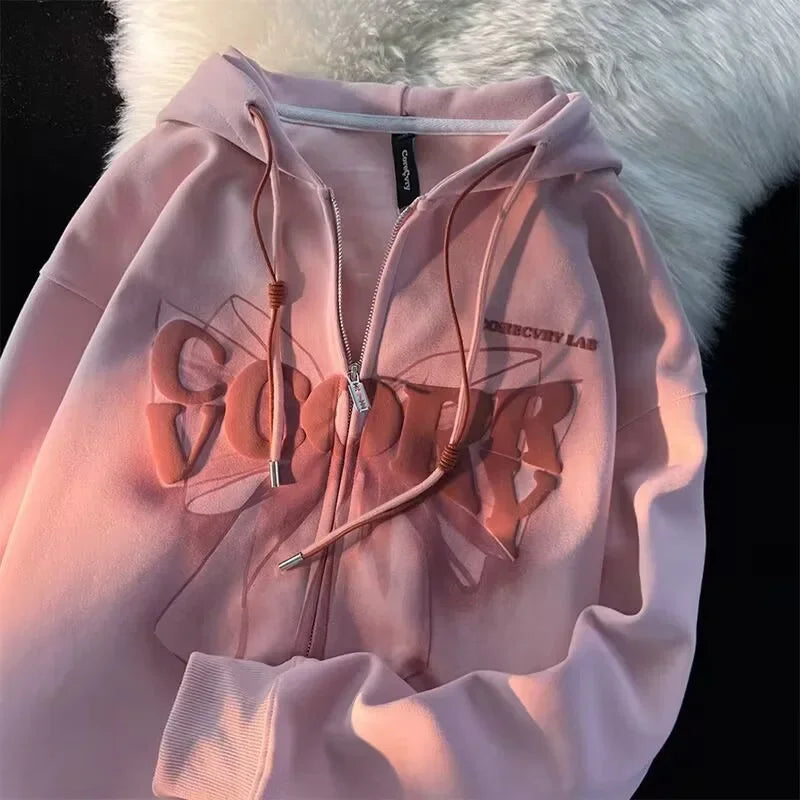 Early Autumn Thin Sweet Cool Butterfly Knot Hoodie Women Loose Couple Open Cardigan Jacket Zipper Top Trendy Streetwear