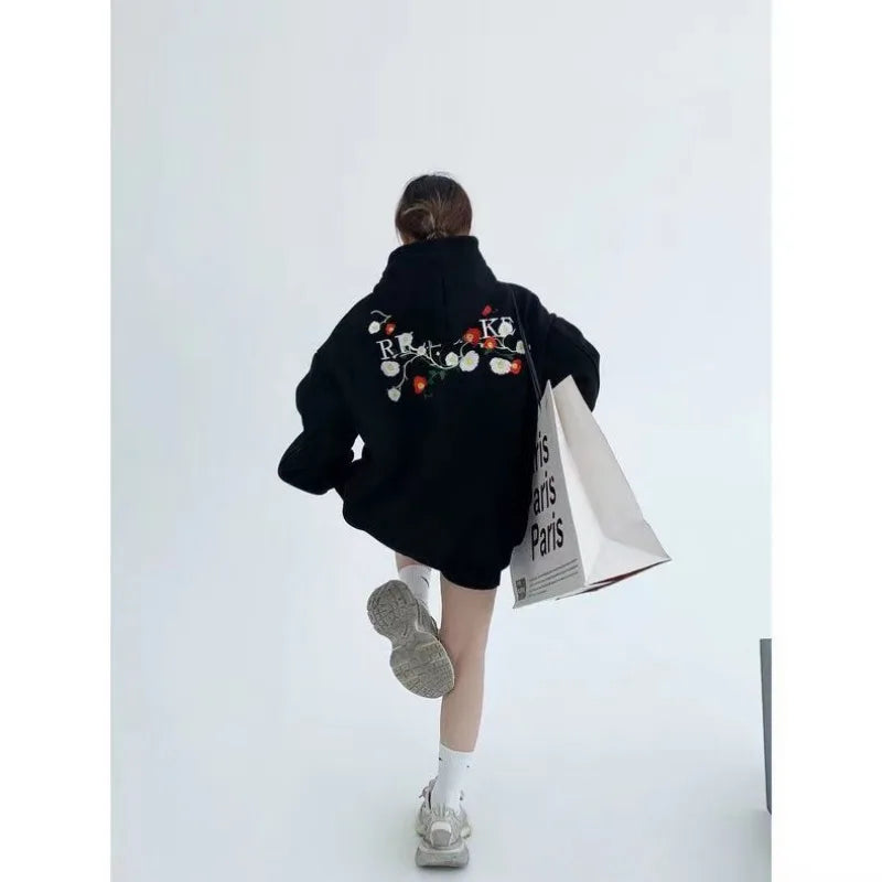 Hikigawa Chic Fashion Floral Embroidery Hoodies Women Coats Autumn Casual Loose All Match Hooded Pullover Outerwear Tops Mujer