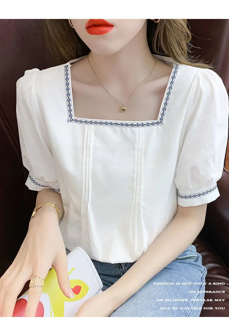 Women Clothing Summer Korean Fashion Embroidered Solid Color Square Collar Puff Sleeve Femme All-match Pleated Short Sleeve Tops
