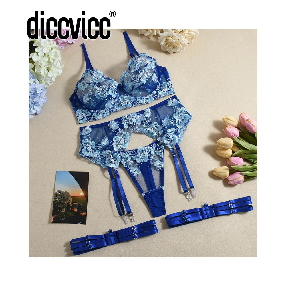 Diccvicc Embroidery Lingerie Set 4 Piece Bra Panty See Through Lace Sexy Outfits Women Garter Belt with Underwear Erotic Costume
