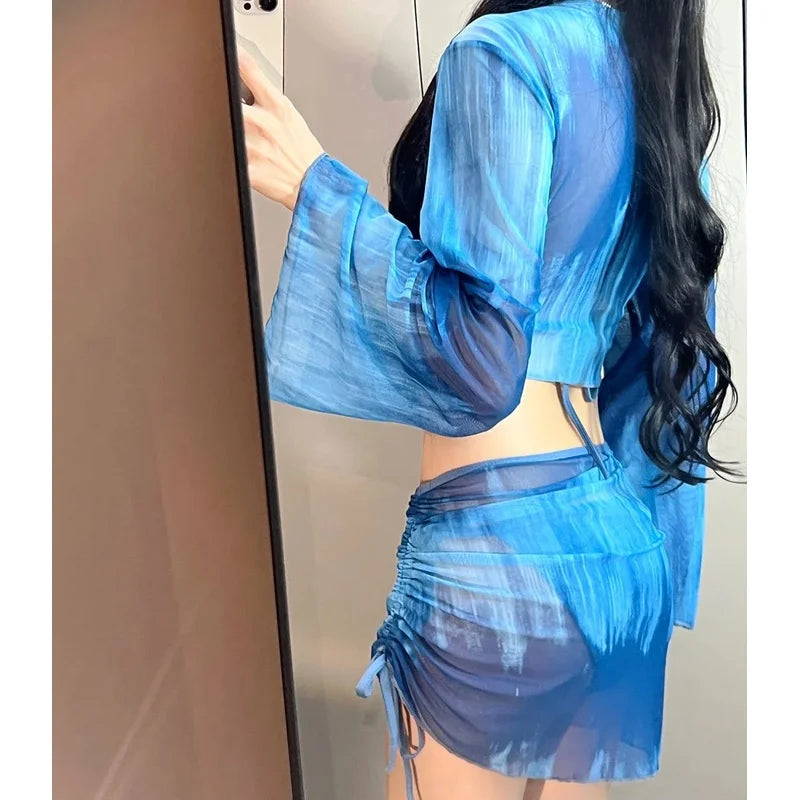 4 Piece Bikini Set Women Blue Tie Dye Mesh Long Sleeve Cover Up with Pleate Skirt Swimsuit Beach Bathing Suit Swimwear