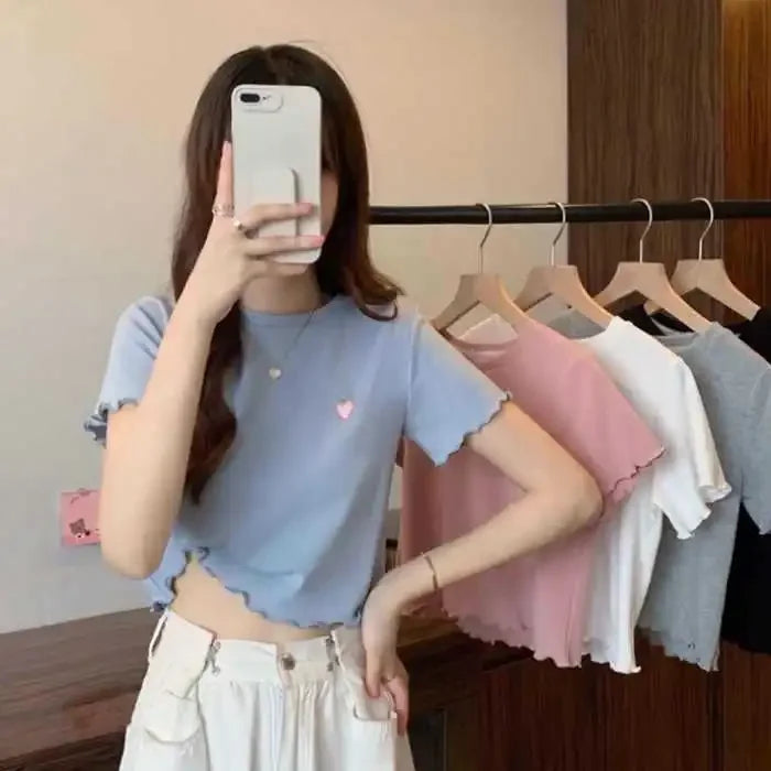 Summer Embroidered Short T-shirt Women Wooden Edge Irregular Slim Short Sleeve Top Plant Pattern Fiber Fabric Elegant Style