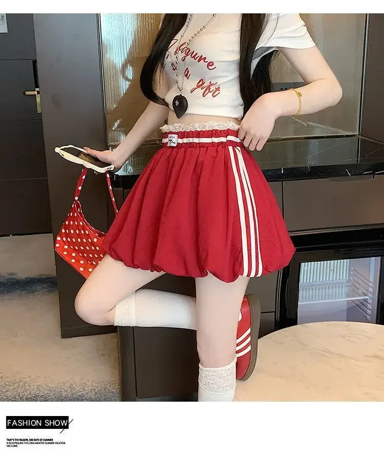 American Style Spliced Lace Stripe High Waist Half Skirt Women Summer Anti Exposure Flower Bud Puffy Short Skirt Polyester Fiber