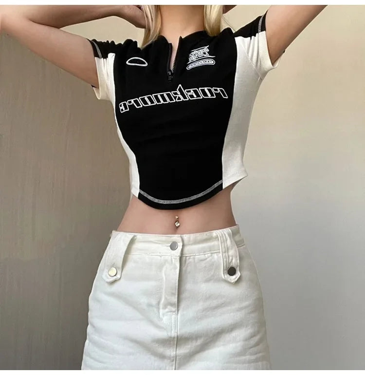 Summer New Pure Desire Spicy Girl Patchwork Contrast Color Embroidery Slimming Zipper Short Sleeve T-Shirt Women's Top