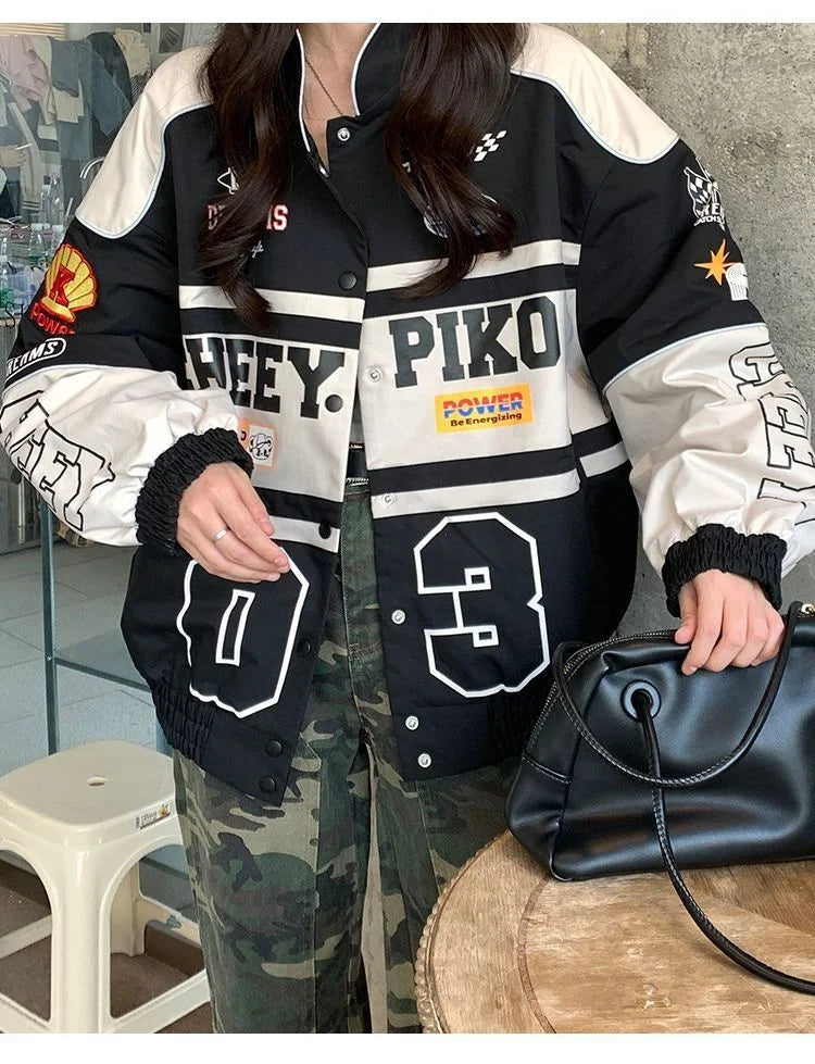 2023 Y2k Red White Bomber F1 Jacket Women Men Biker Racer Jacket Retro Hip Hop Grunge Clothes Trend Oversize Windbreaker Varsity