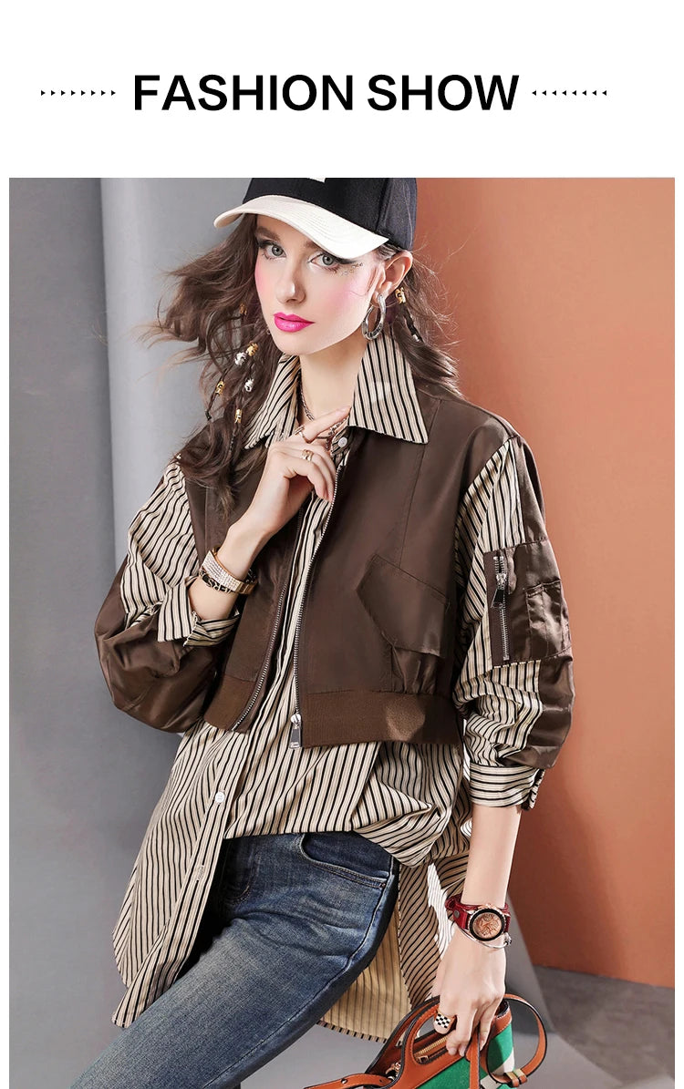High Quality Loose Fake Two Piece Mid-Length Women's Casual Striped Shirt
