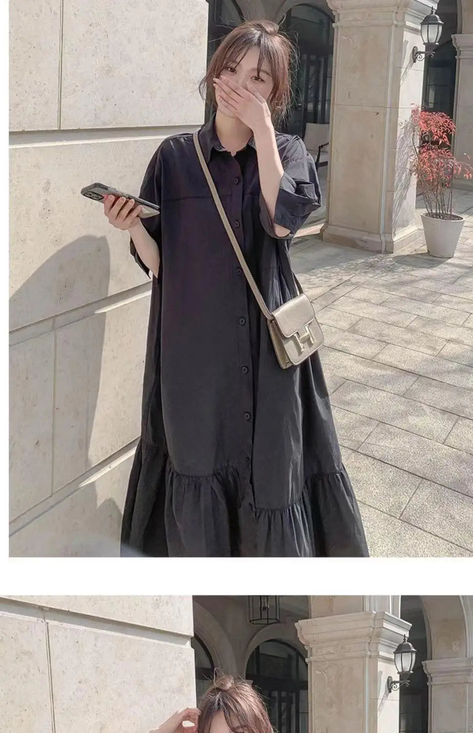 plus Size Khaki Shirt Dress Women Casual Summer Loose Fit High Waist A-Line Skirt Long Sleeve Polo Collar Polyester Fiber