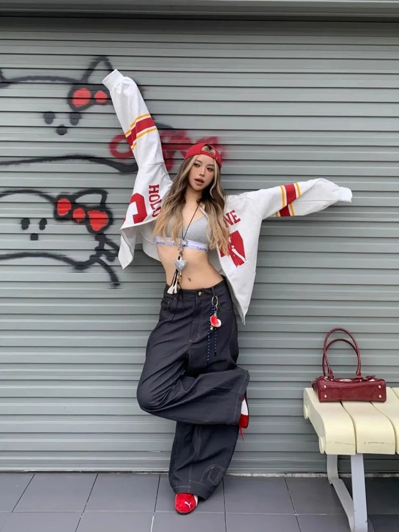 American New Fashion Letter Embroidery Stitching Old Baggy Jeans Women Y2K Harajuku  Popular High Waist Wide Leg Trousers