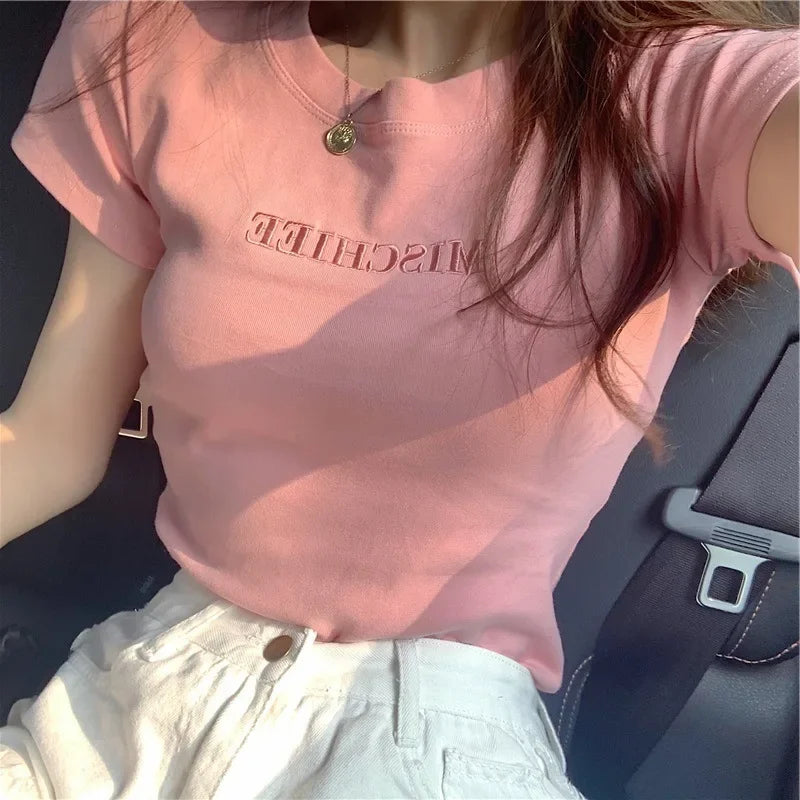 Fashionable Letter Embroidery Short Sleeve T-Shirt Women's Loose-Fit Summer New Style Slimming Base Layer Korean Version