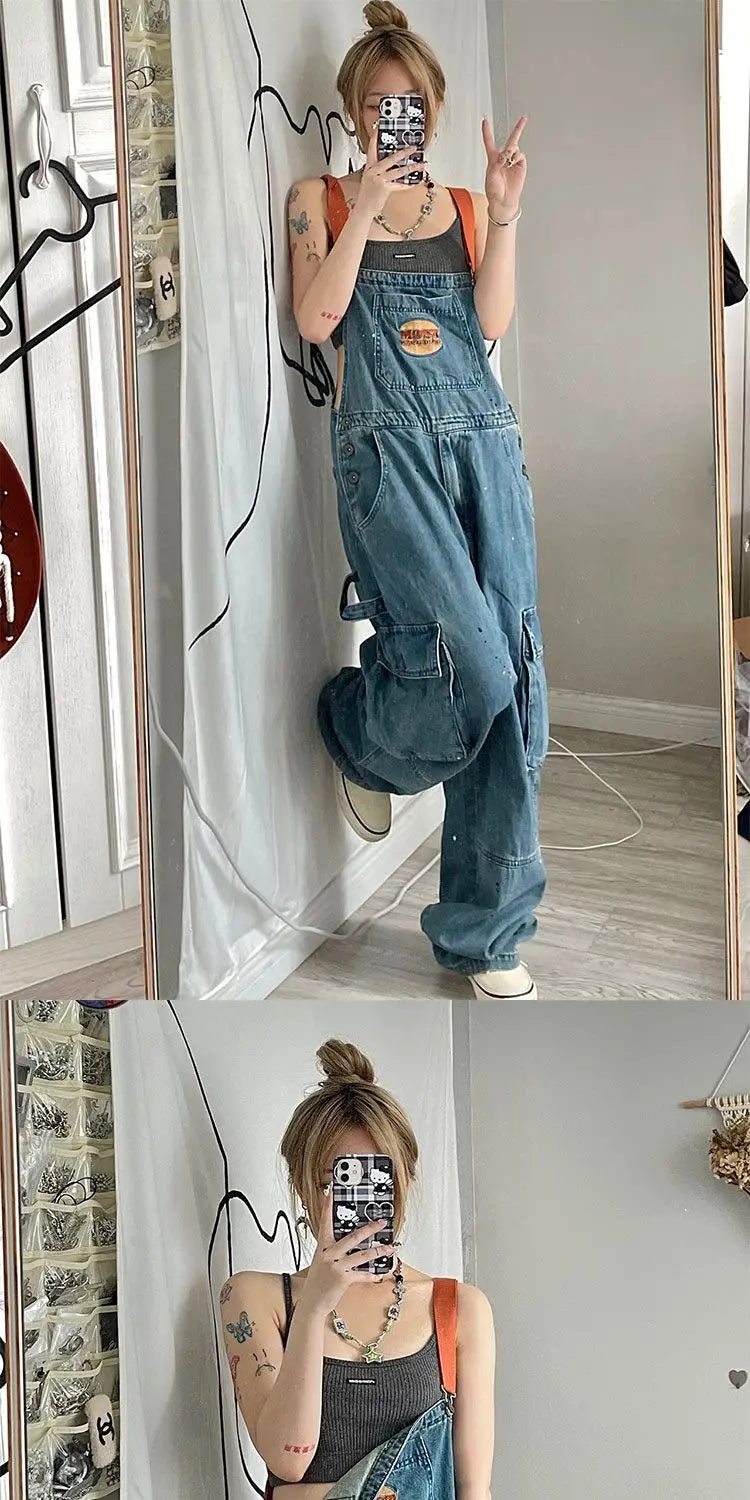 Cool Girl Style Embroidered Spicy Ink Denim Strap Jumpsuits Women's Autumn/Winter Large Loose and Slim Retro One Piece Pants
